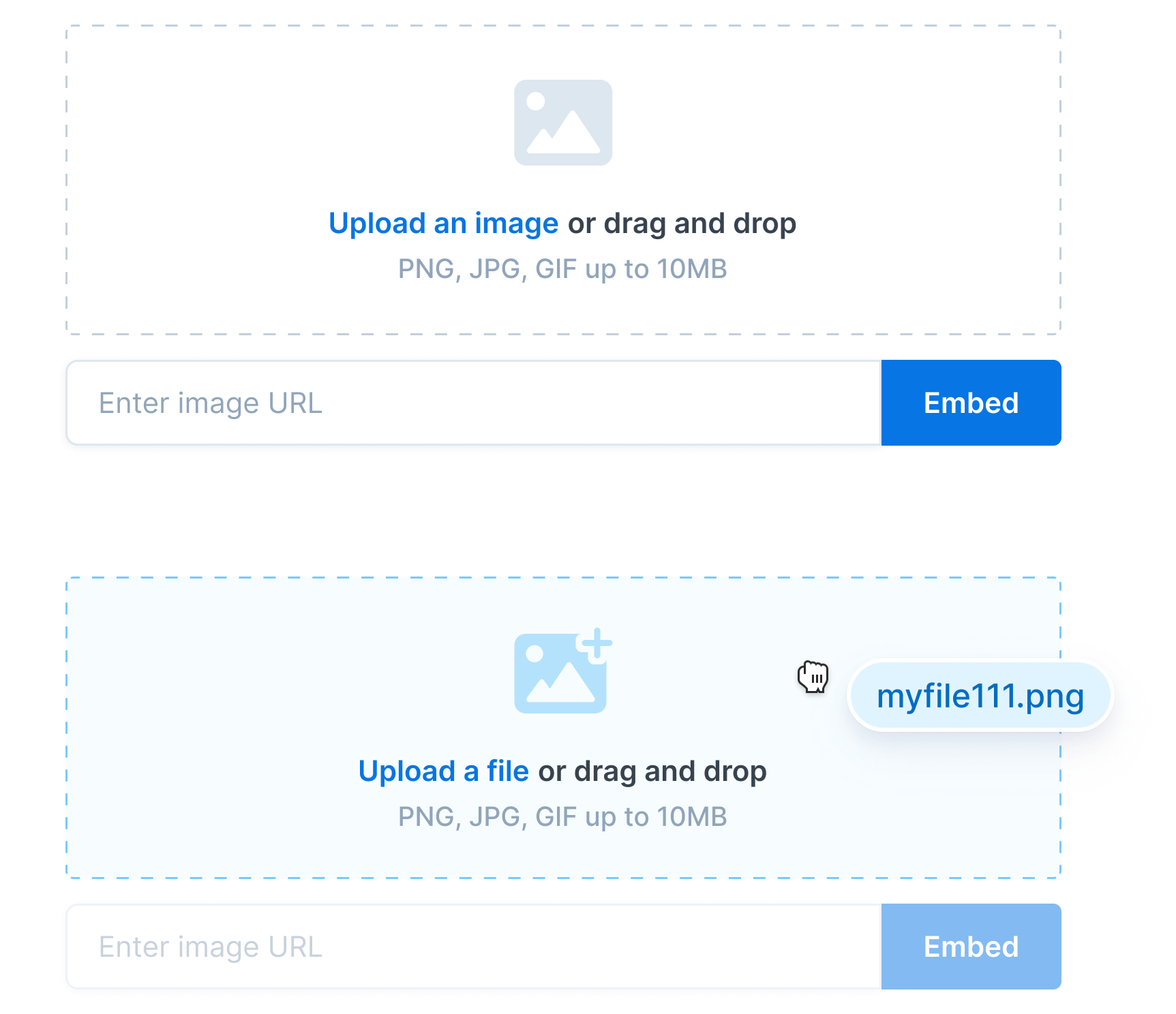 Two placeholder screens. The first shows a clear CTA in the middle for users to upload an image. The second shows a user dragging and dropping a file into the area.