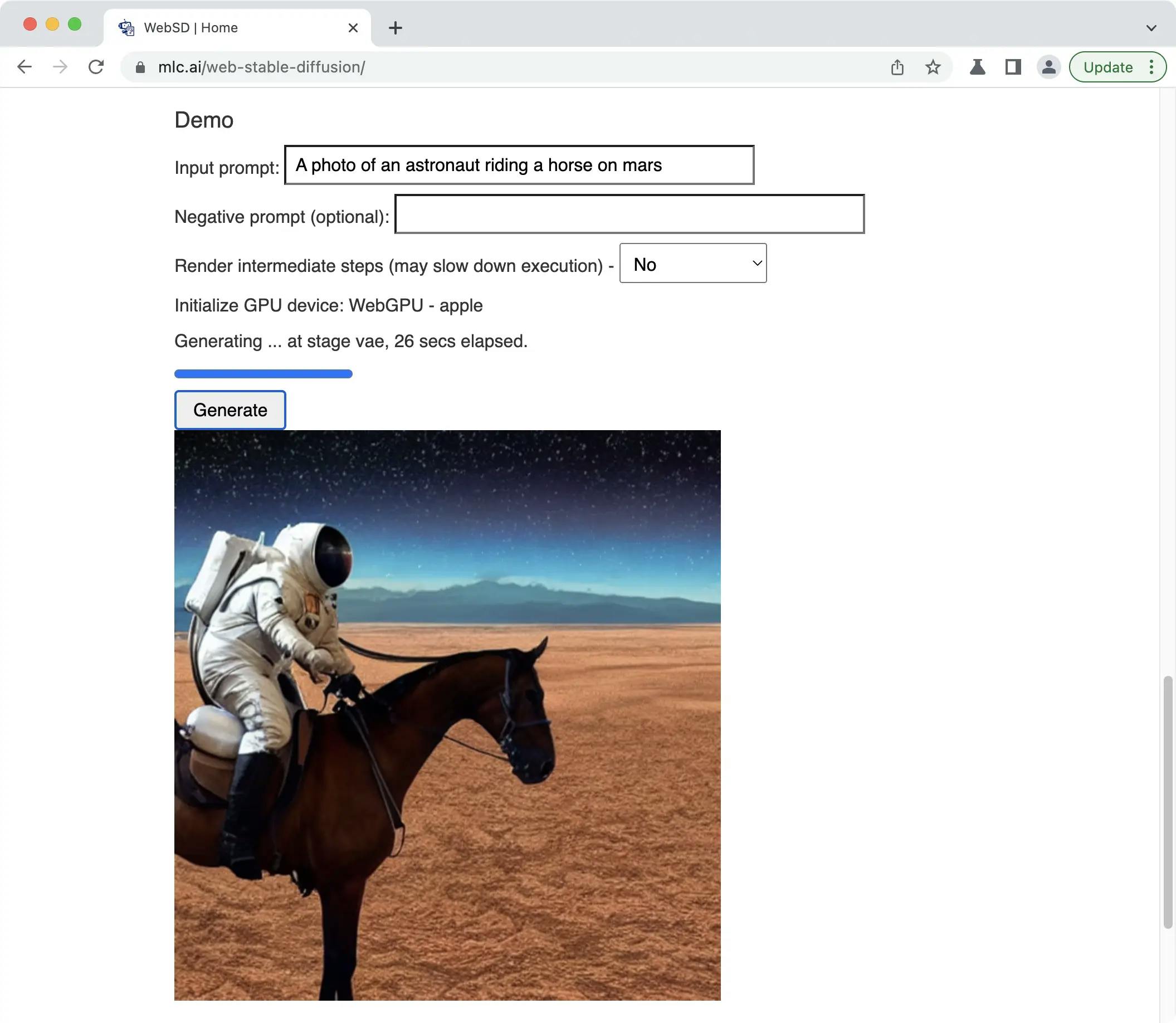 A screenshot of Web Stable Diffusion in action, being used to generate a photorealistic image of an astronaut riding a horse on the planet Mars